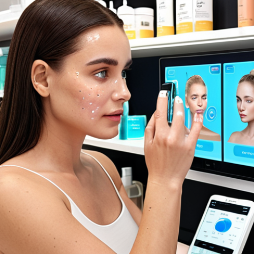 Home 15 ** A woman in a modern beauty store using a high-tech AI skin analysis device. The device is scanning her face, and the screen shows detailed data about her skin's hydration, oil levels, and sun damage. In the background, there are shelves of customizable skincare products.
**
