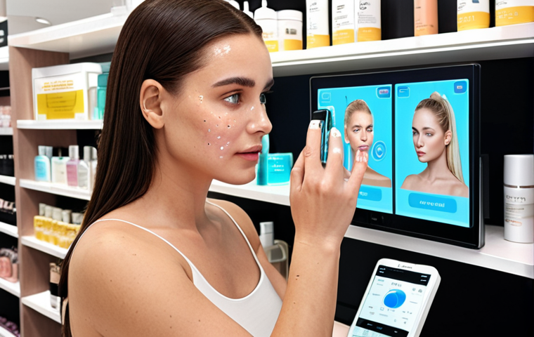 ** A woman in a modern beauty store using a high-tech AI skin analysis device. The device is scanning her face, and the screen shows detailed data about her skin's hydration, oil levels, and sun damage. In the background, there are shelves of customizable skincare products.
**