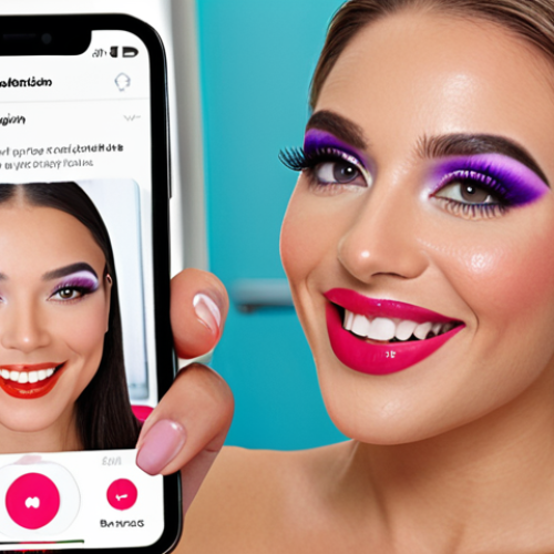 Home 14 Augmented Reality Makeup Try-On**
Prompt: A woman smiling, looking at her phone screen. On the screen, her face is visible with digitally applied makeup (bright eyeshadow, bold lipstick, flawless skin). Background: a modern, bright bathroom setting. Focus on the AR makeup looking realistic and fun.
**