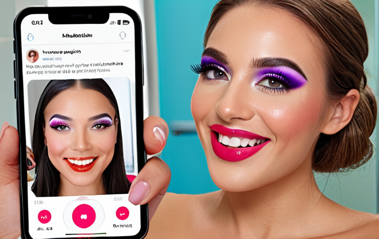 Augmented Reality Makeup Try-On**
Prompt: A woman smiling, looking at her phone screen. On the screen, her face is visible with digitally applied makeup (bright eyeshadow, bold lipstick, flawless skin). Background: a modern, bright bathroom setting. Focus on the AR makeup looking realistic and fun.
**