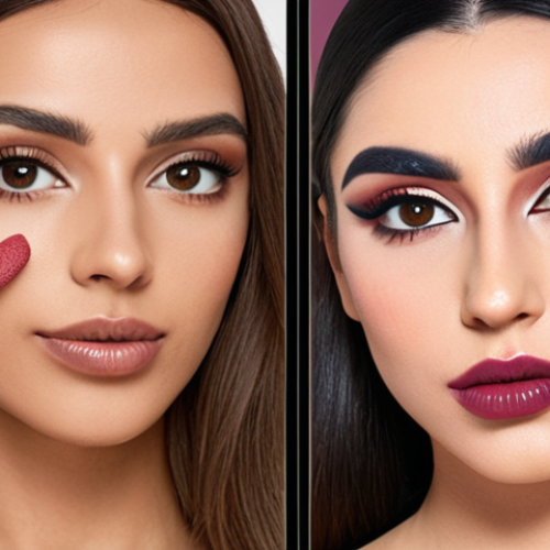 Home 7 **
A split-screen image. On one side, a woman with neutral makeup and natural lighting. On the other side, the same woman using a virtual makeup app on her phone, trying on bold eyeshadow and lipstick. Subtle Arabic design elements in the background. Caption overlayed in Arabic: "Discover your perfect colors with virtual makeup!"
**