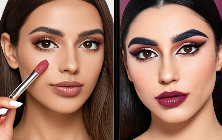 **
A split-screen image. On one side, a woman with neutral makeup and natural lighting. On the other side, the same woman using a virtual makeup app on her phone, trying on bold eyeshadow and lipstick. Subtle Arabic design elements in the background. Caption overlayed in Arabic: "Discover your perfect colors with virtual makeup!"
**